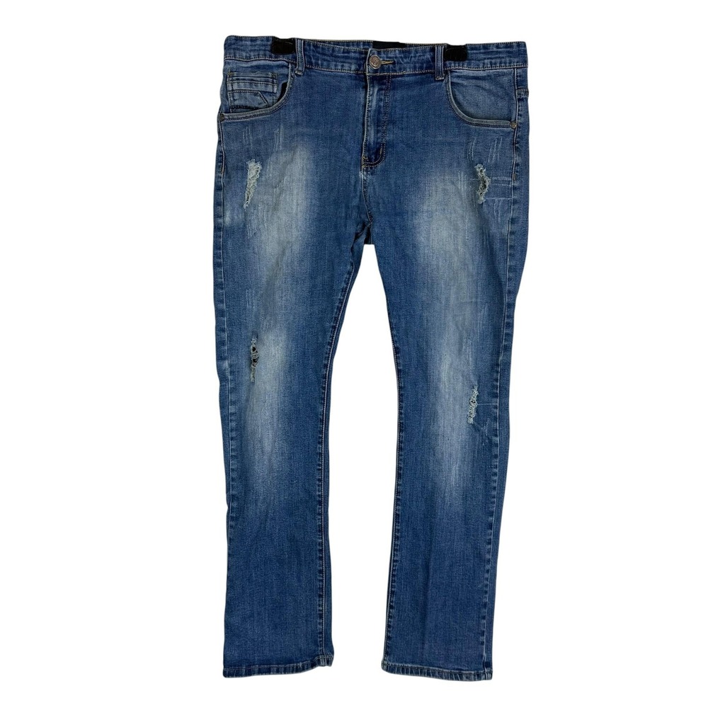 Lamasini‎ Jeans Mens 38x30 Blue Medium Wash Distressed Regular Straight Stretch